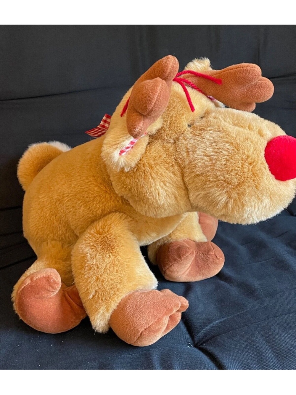 Vtg Eden Rudolph Reindeer Plush large Stuffed Animal 20" Floppy Red Plaid Bow